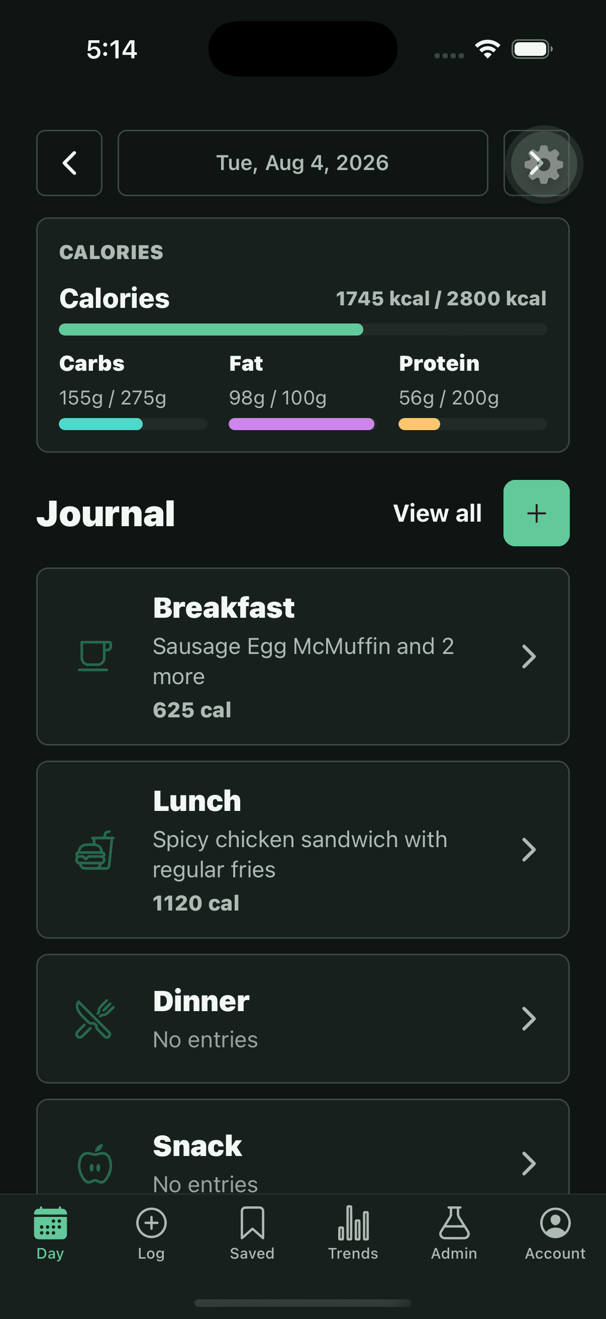 Food Journal day view with synthetic meals and calorie and macro progress.