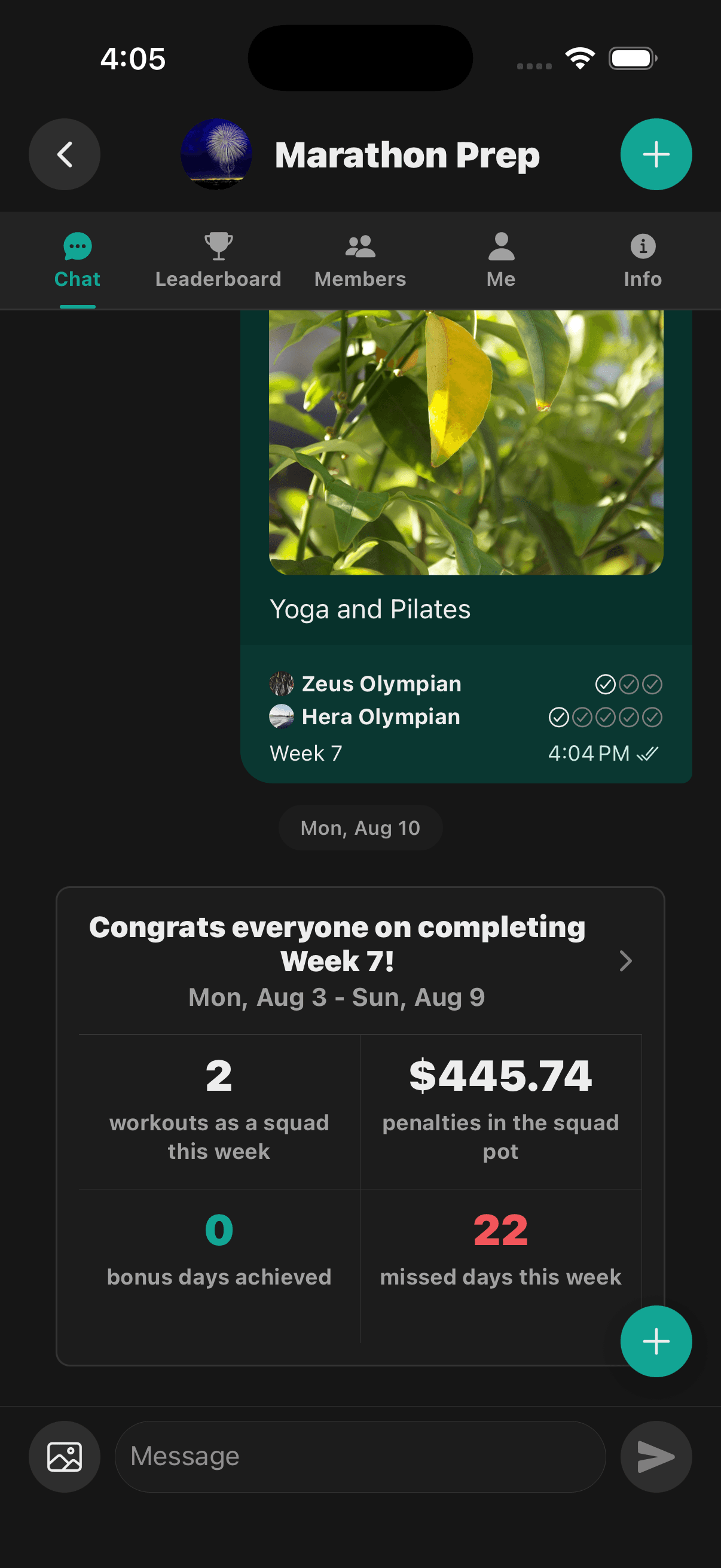 Squad Goals group chat showing a shared Yoga and Pilates workout and the squad’s Week 7 accountability results.