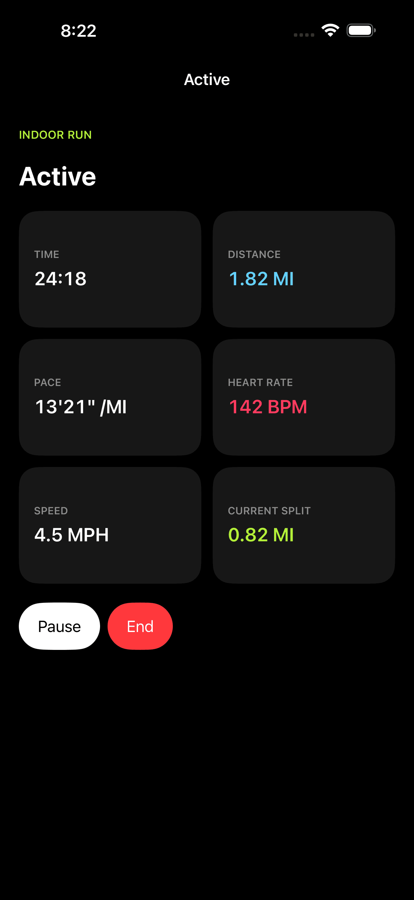 Treadmill Connect iPhone screen showing an active indoor run with time, distance, pace, heart rate, speed, and split.