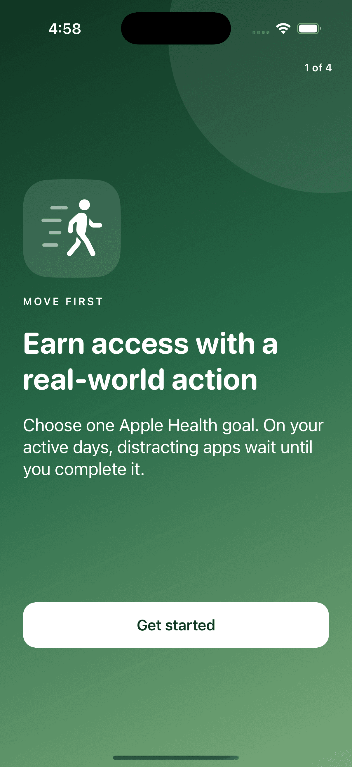 Block Until onboarding explaining that distracting apps wait until an Apple Health goal is completed.