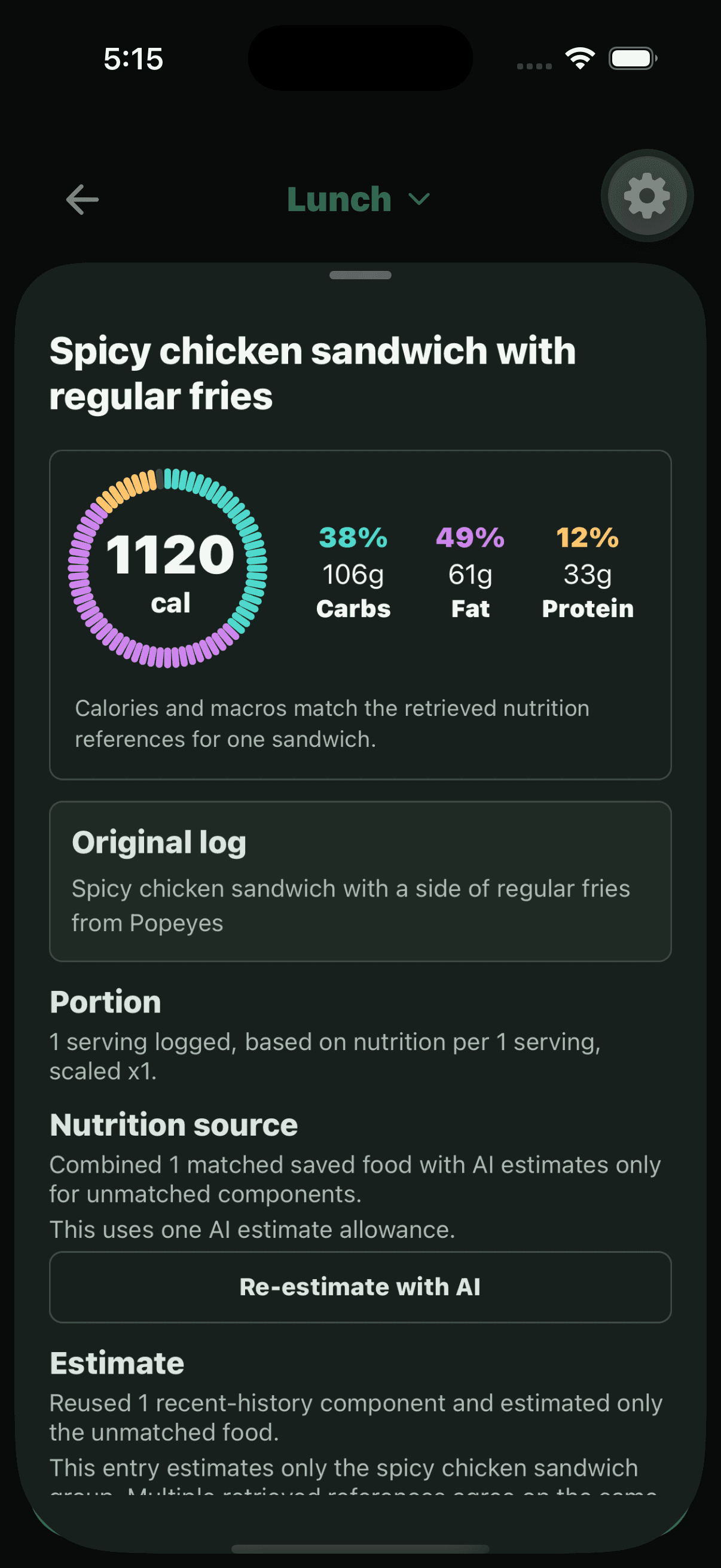 Food Journal AI estimate details for a synthetic lunch entry, including calories, macros, source, and confidence context.