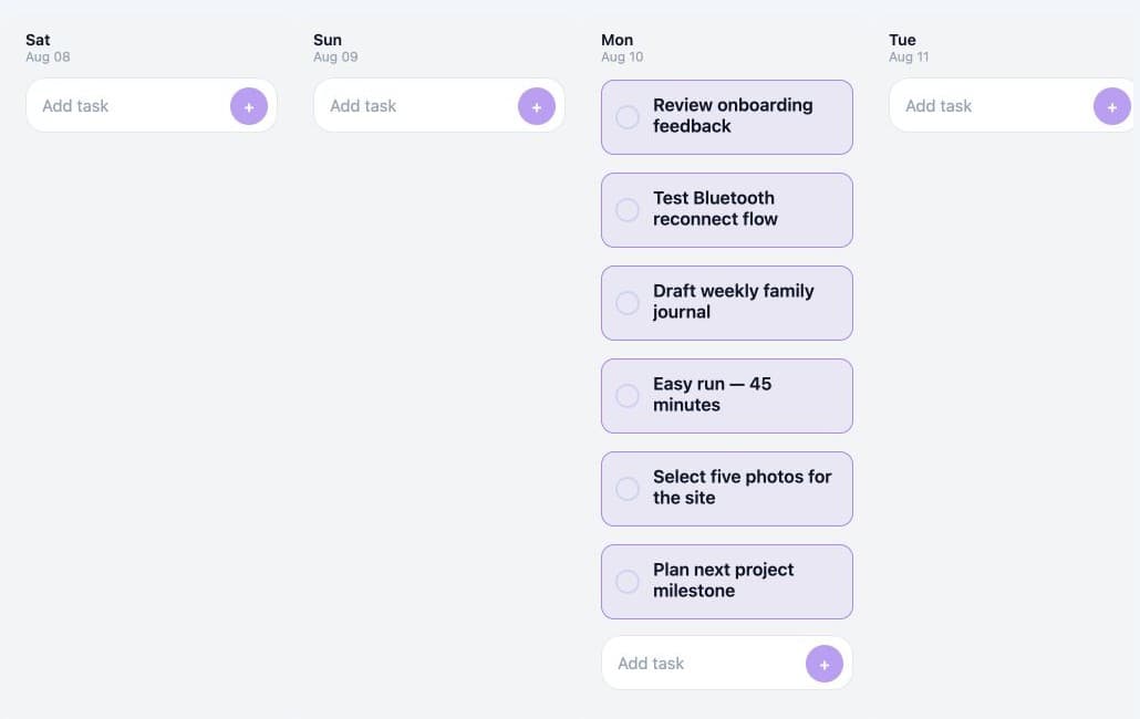 Personal Planner calendar showing the same six fictional tasks planned for Monday.