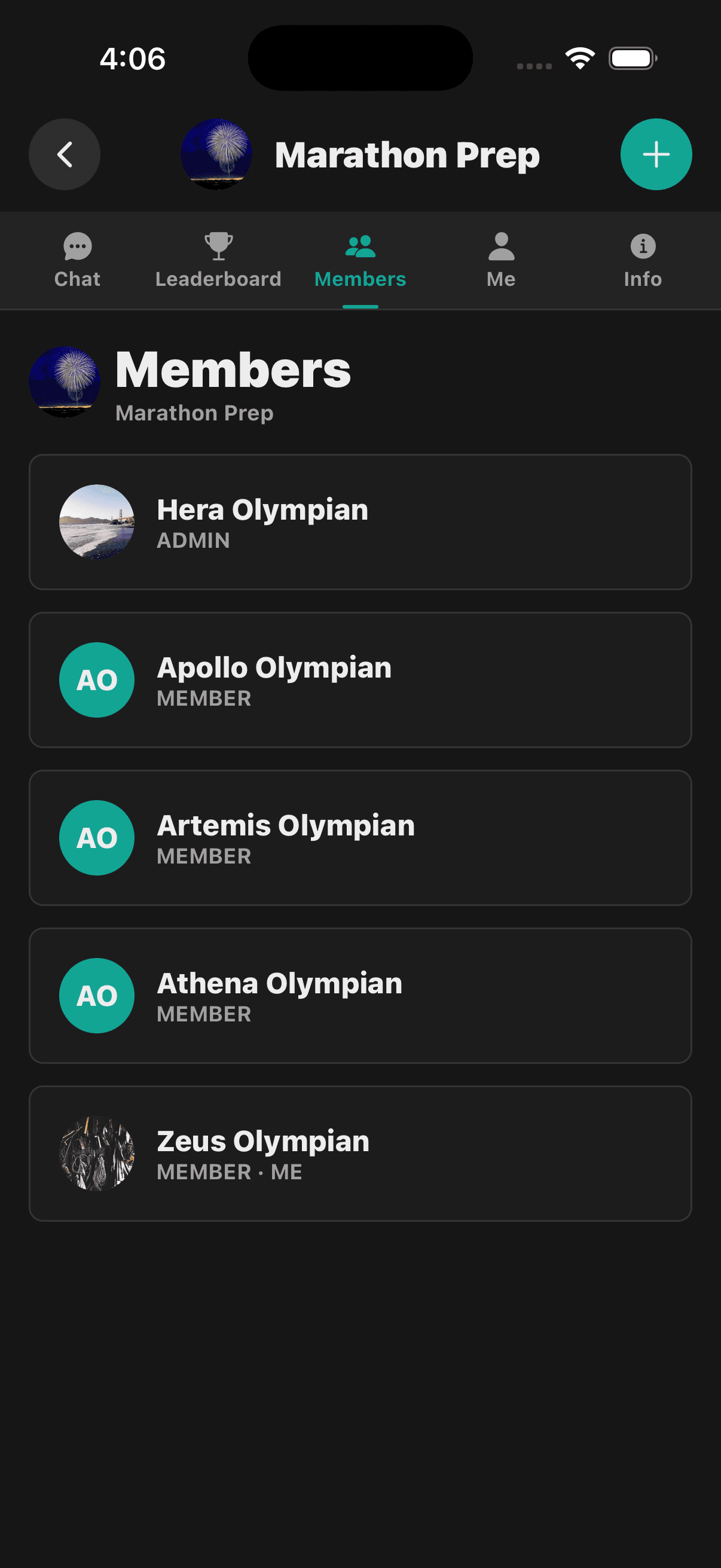 Squad Goals Marathon Prep member list with five fictional participants and group roles.