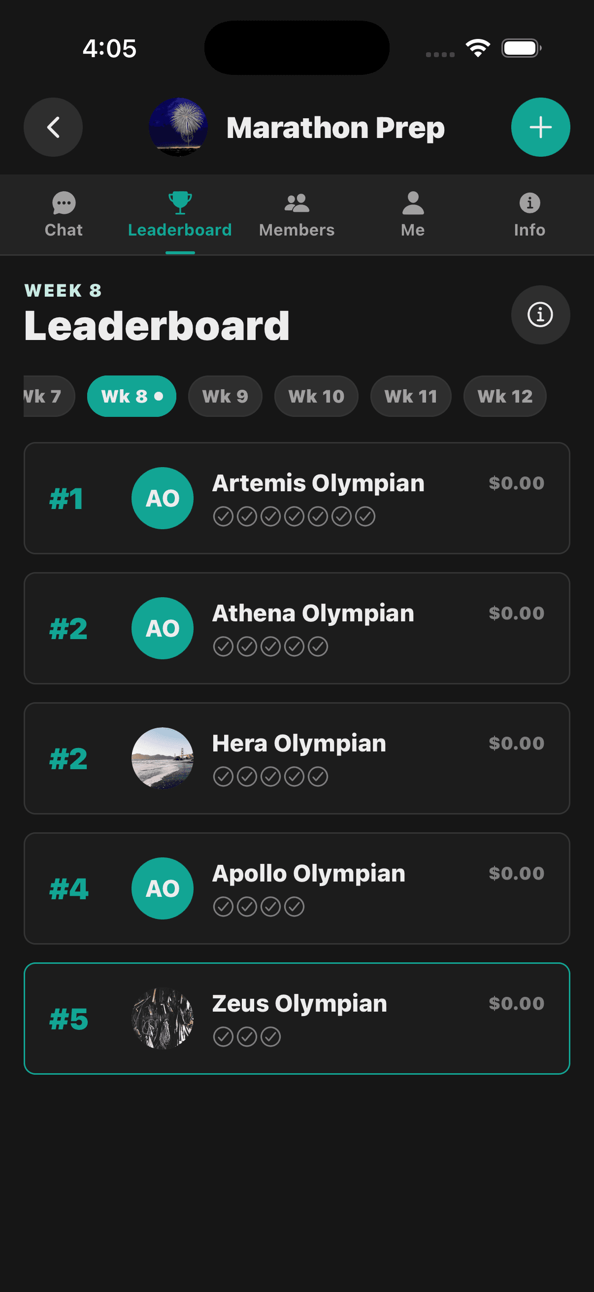 Squad Goals Week 8 leaderboard showing five fictional Marathon Prep members and their weekly progress.